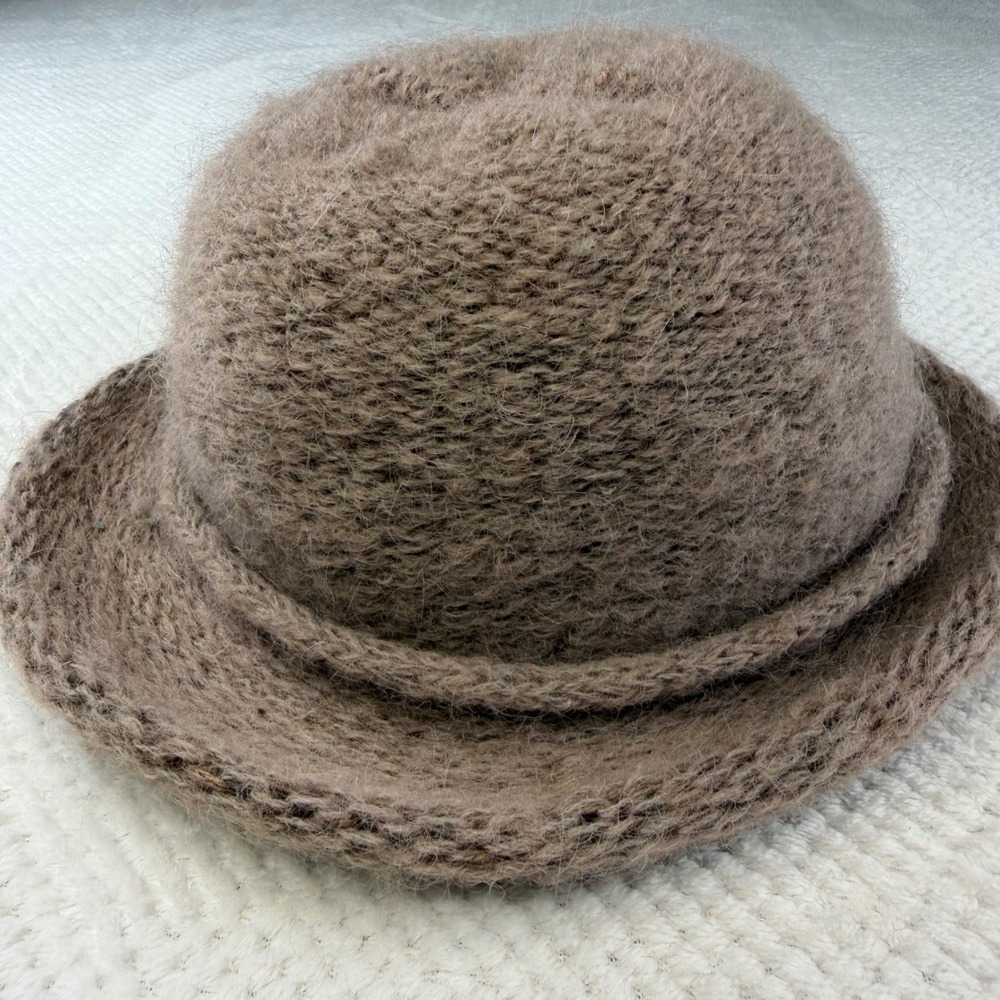 Made in Italy Wool Mohair Blend Knit Bucket Hat Taupe Brown Fuzzy Winter Cloche